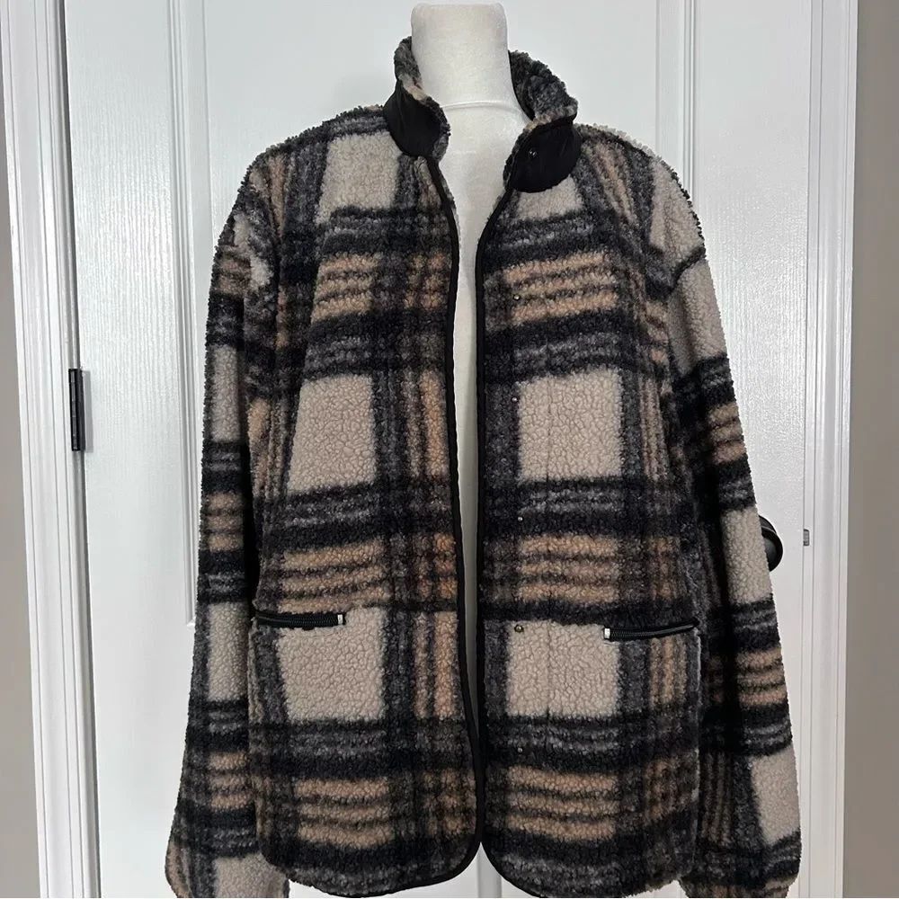 Sanctuary Women’s Black Tan & Cream Plaid Sherpa Jacket Size Extra Large